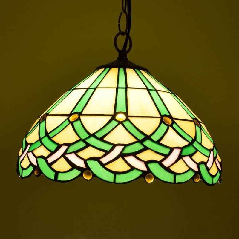 Tiffany Vintage Ligne Gemmes Cône Suspension Verre Métal Salon - Neutralighting