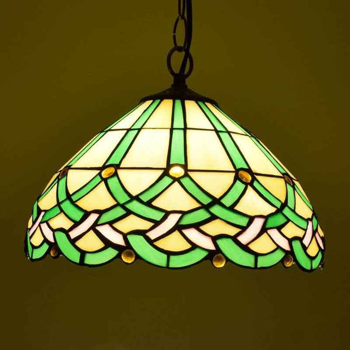 Tiffany Vintage Ligne Gemmes Cône Suspension Verre Métal Salon - Neutralighting