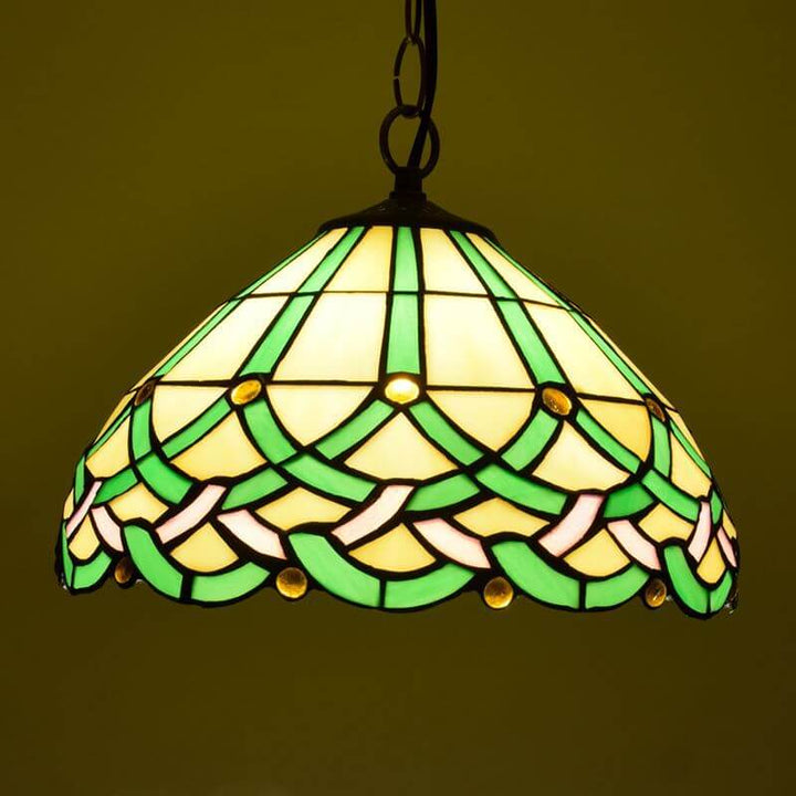 Tiffany Vintage Ligne Gemmes Cône Suspension Verre Métal Salon - Neutralighting