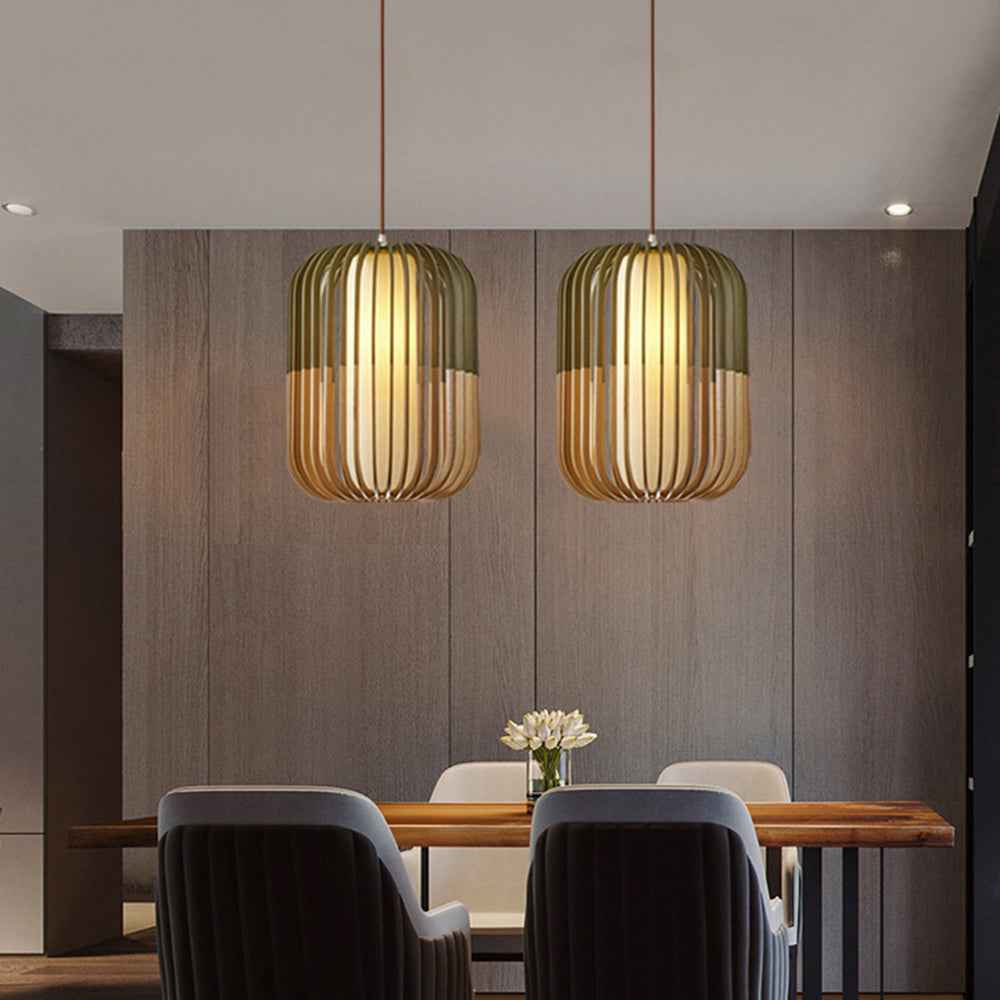 Muto Suspension cylindre Rustique, Bois/Tissu, Vert/Marron, Chamber à Coucher - Neutralighting