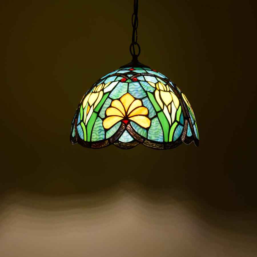 Tiffany Vintage Suspension Tachée Fleurs Verre Salon - Neutralighting
