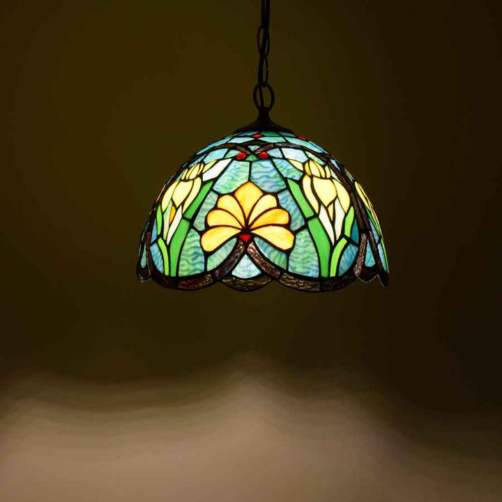 Tiffany Vintage Suspension Tachée Fleurs Verre Salon - Neutralighting