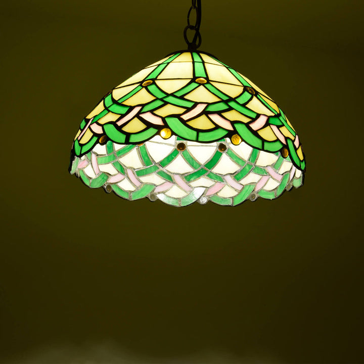 Tiffany Vintage Ligne Gemmes Cône Suspension Verre Métal Salon - Neutralighting