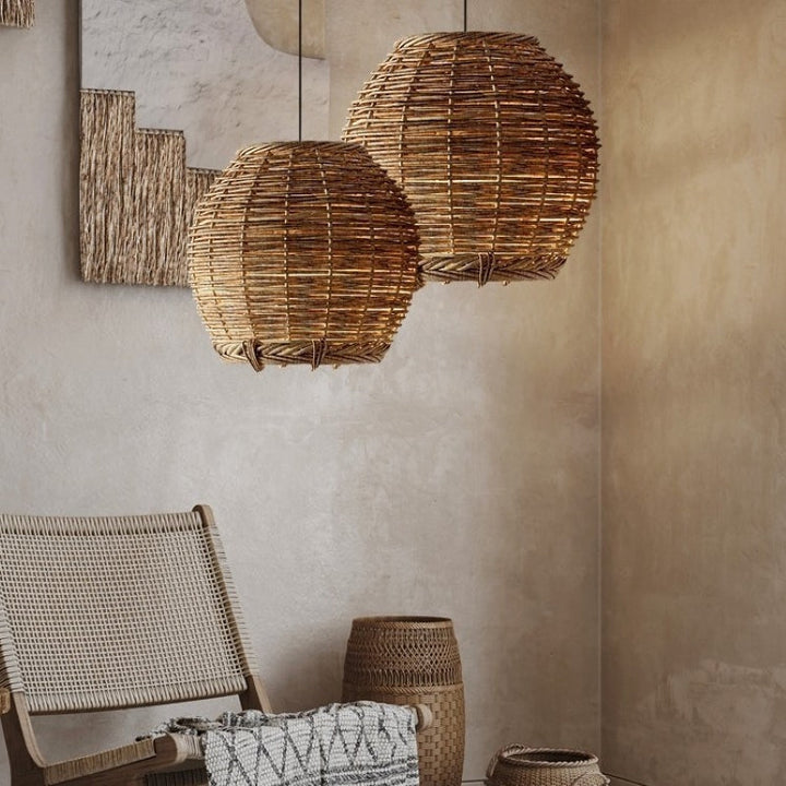 Ritta Suspension Luminaire LED Bois Rotin Salon/Salle à Manger - Neutralighting