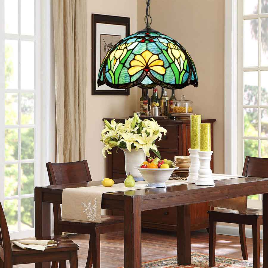 Tiffany Vintage Suspension Tachée Fleurs Verre Salon - Neutralighting