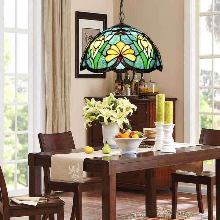 Tiffany Vintage Suspension Tachée Fleurs Verre Salon - Neutralighting