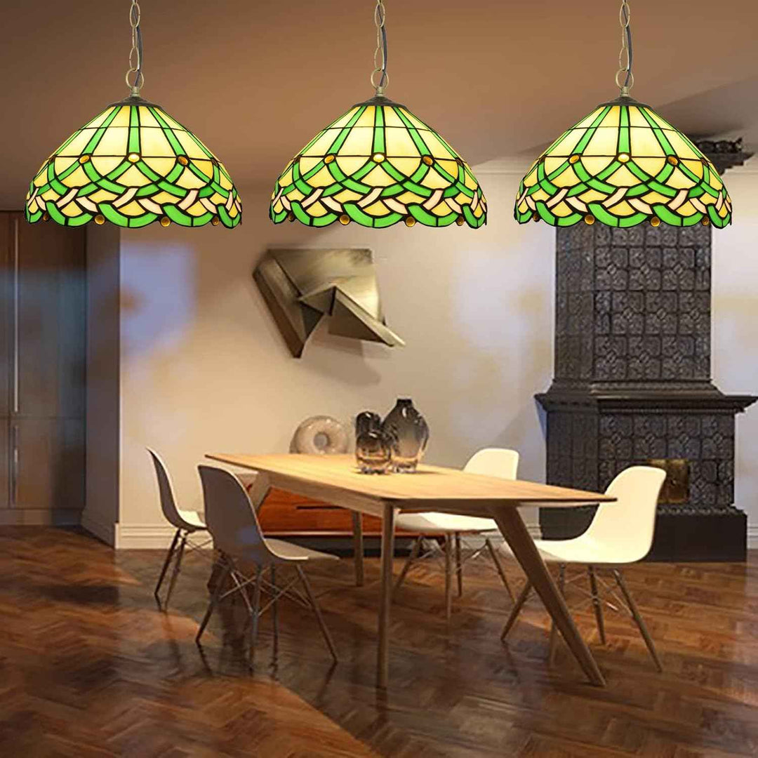 Tiffany Vintage Ligne Gemmes Cône Suspension Verre Métal Salon - Neutralighting