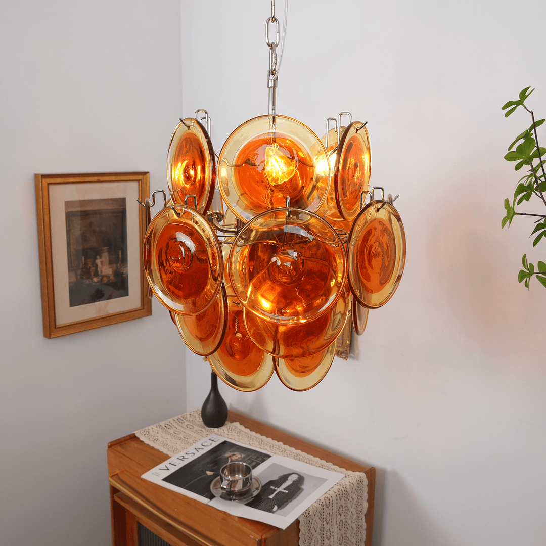 Aurora Chandelier en Verre de Murano Orange Disque Superposé - Neutralighting