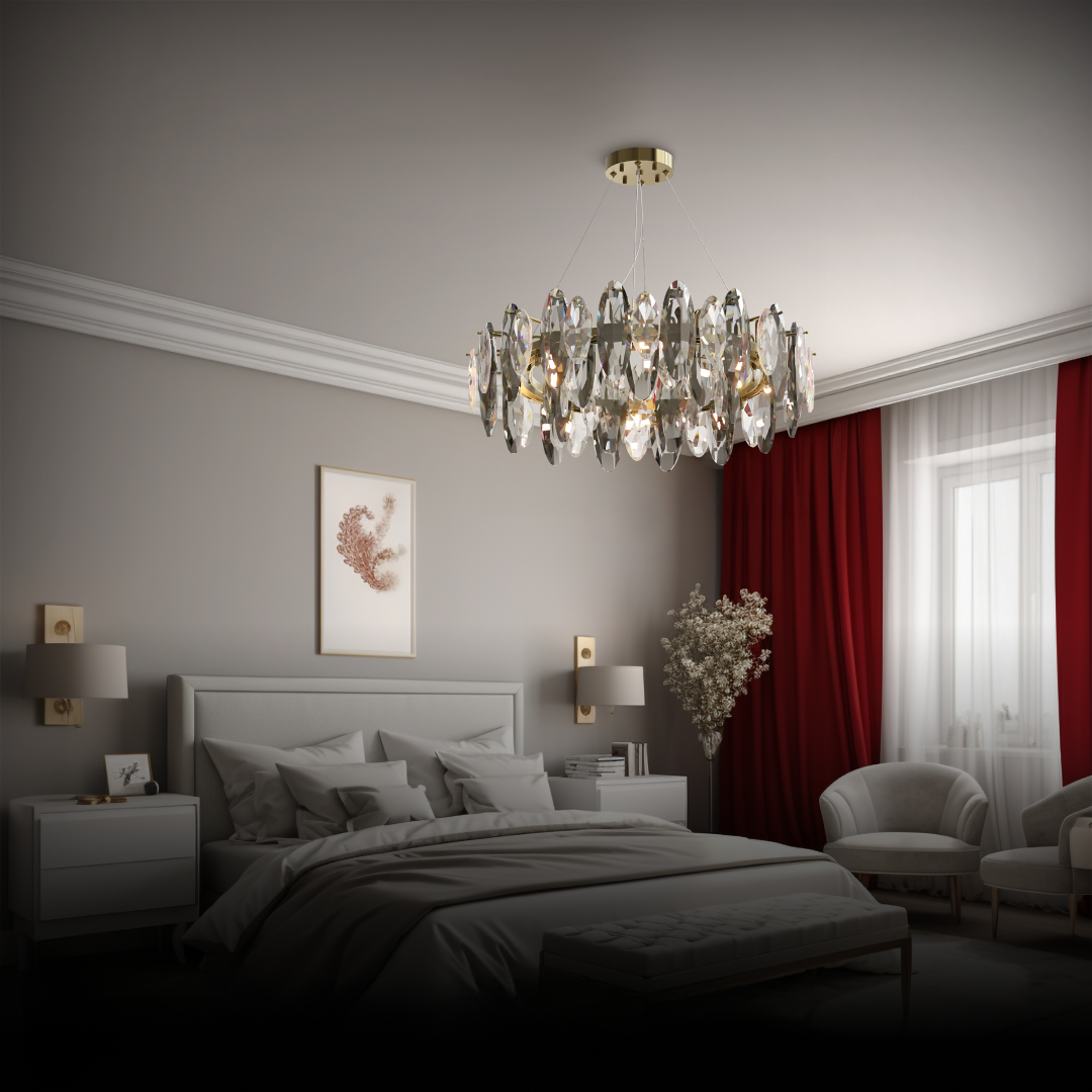 Kristy Design LED Lustre Verre/Métal Cristaux Dorés Salon/Chambre à Coucher - Neutralighting