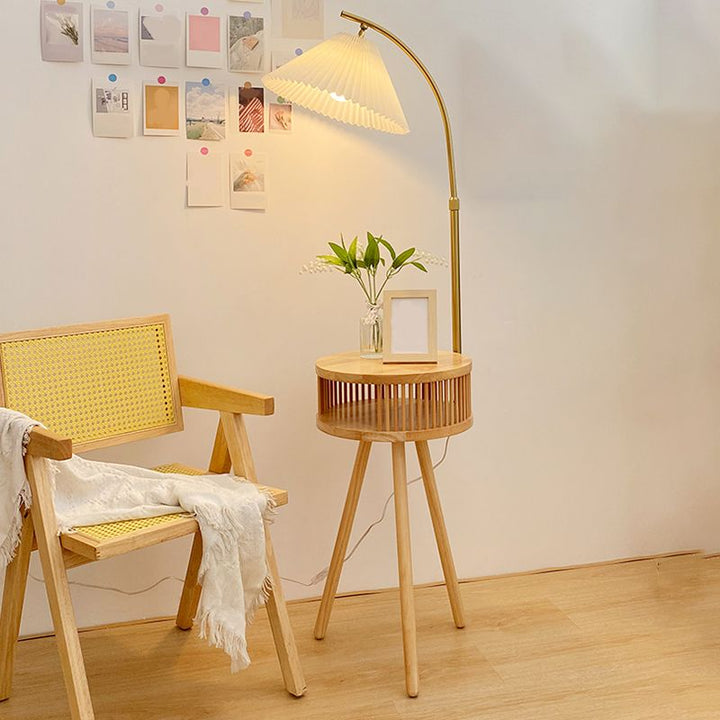 Muto Lampadaire Plissé Vintage, Métal/Tissu, Bois/Noyer, Salon - Neutralighting