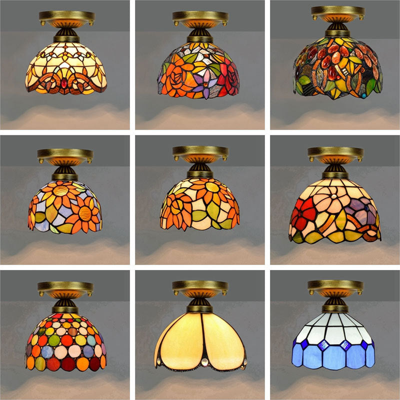 Tiffany Plafonnier Dôme Vintage, Métal/Verre, Coloré, Salon - Neutralighting