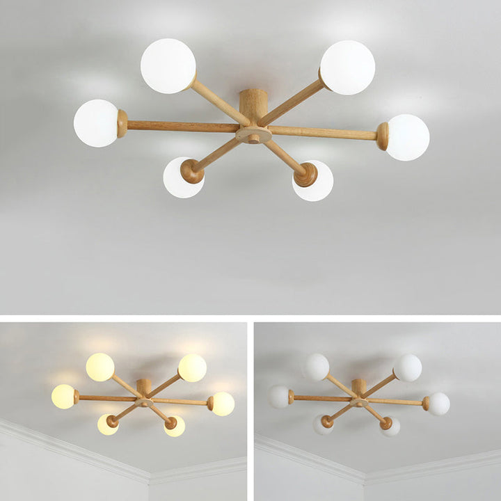 Muto Plafonnier Boule Moderne, Bois/Verre, Bois, Salon - Neutralighting