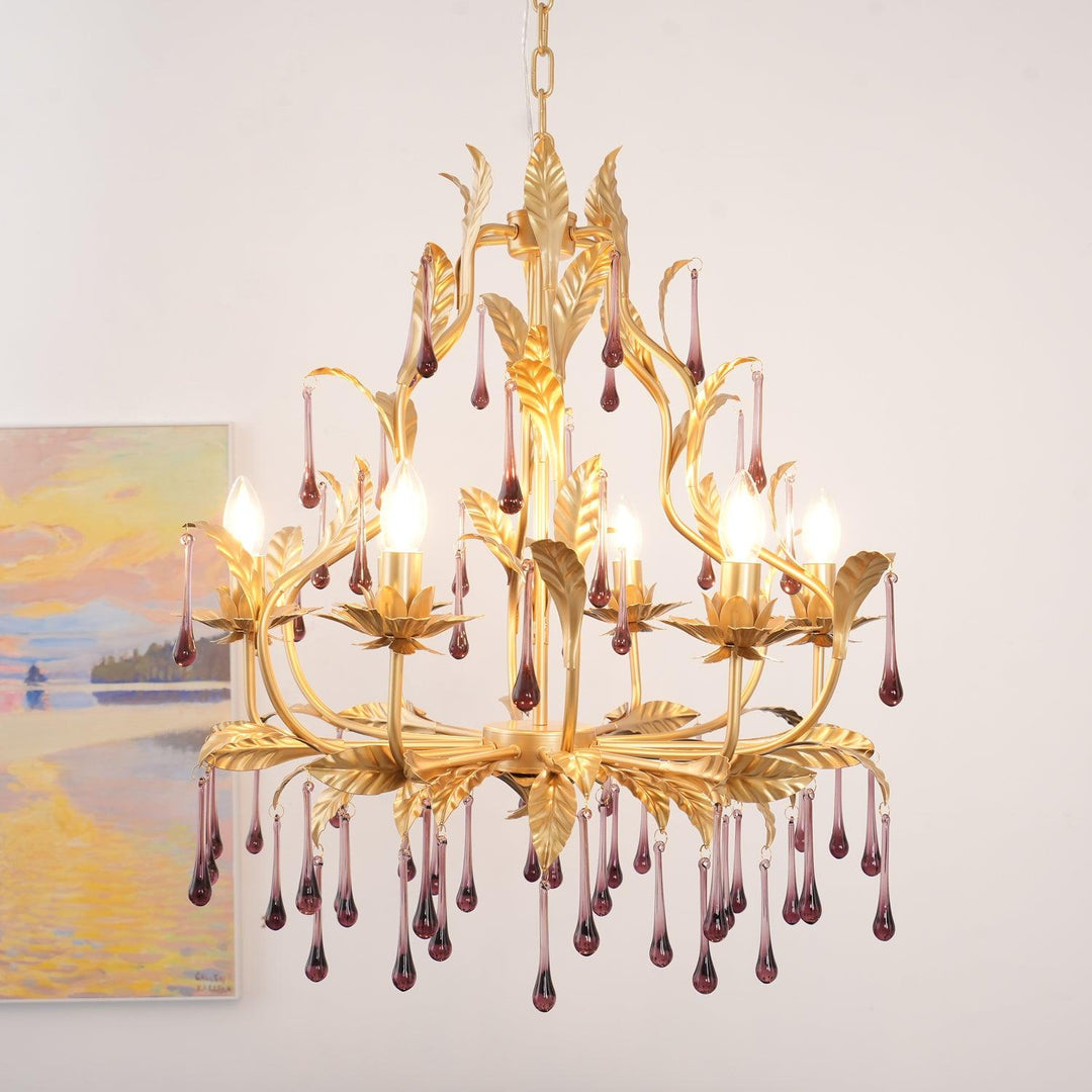 Lustra Suspension Lampe Gouttes et Feuilles Dorées - Neutralighting