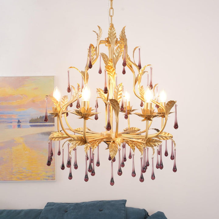 Lustra Suspension Lampe Gouttes et Feuilles Dorées - Neutralighting