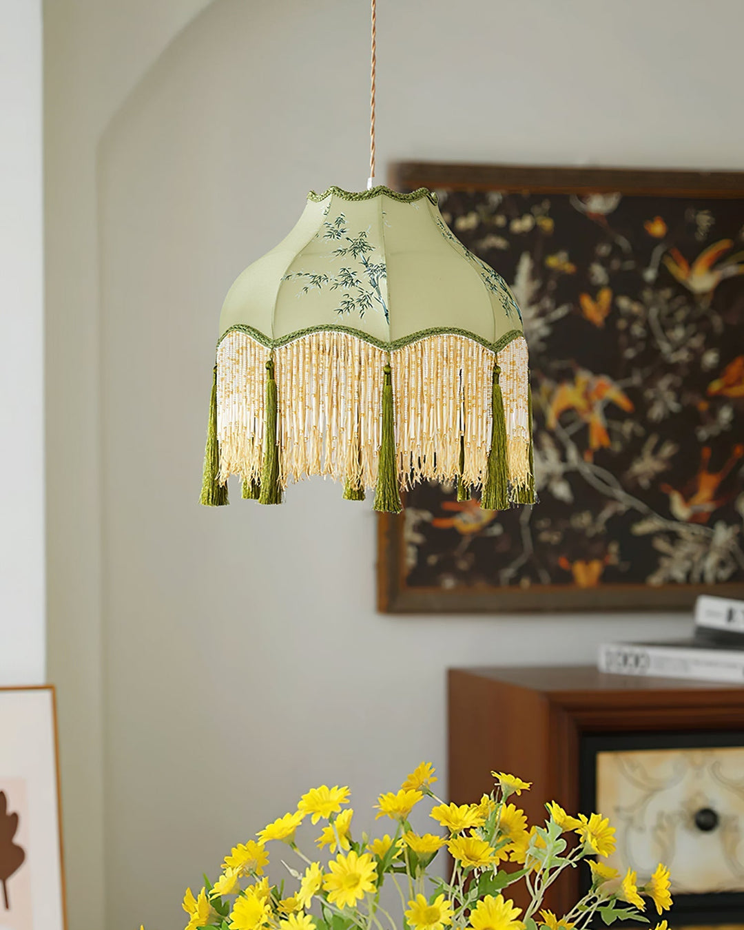 Angelika Suspension Lampe en Tissu Écaille Bambou Pompon - Neutralighting