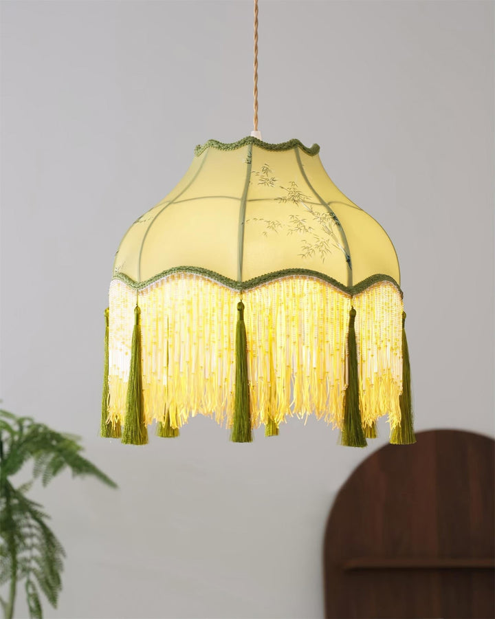 Angelika Suspension Lampe en Tissu Écaille Bambou Pompon - Neutralighting