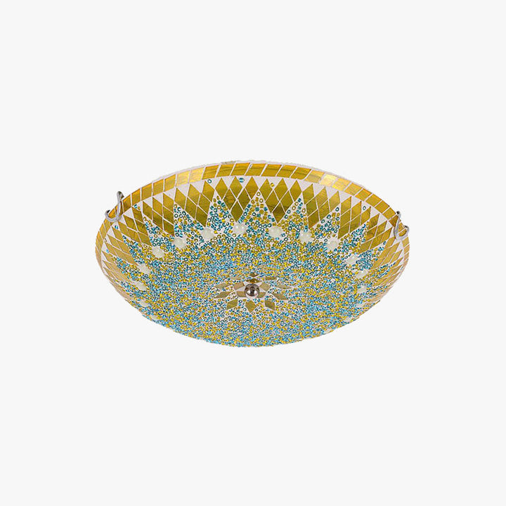 Tiffany Plafonnier Dôme Méditerranéen, Verre, Bleu/Jaune/Blanc, Salon - Neutralighting
