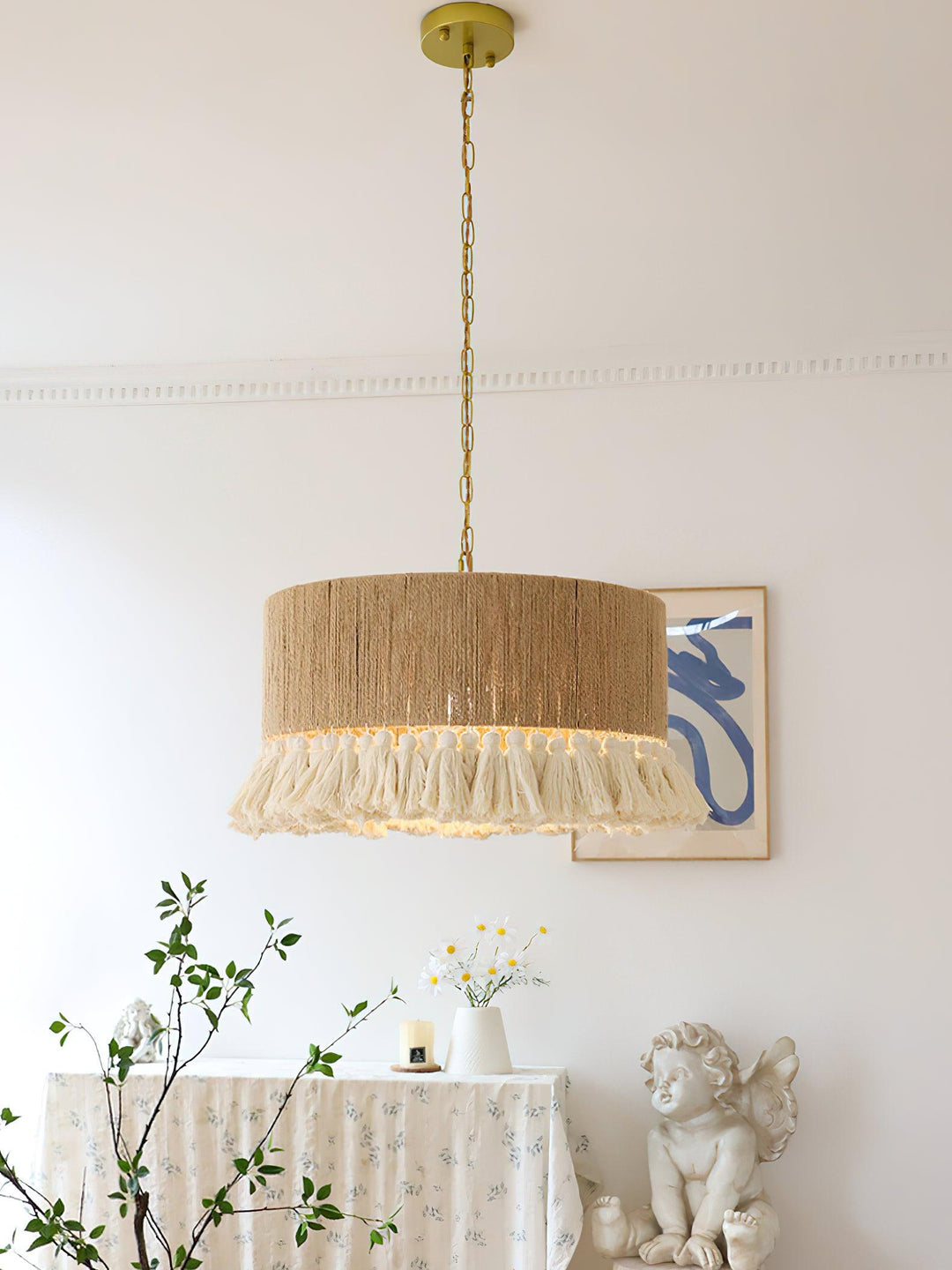 Lustra Suspension Lampe à Franges en Coton pour Salon - Neutralighting