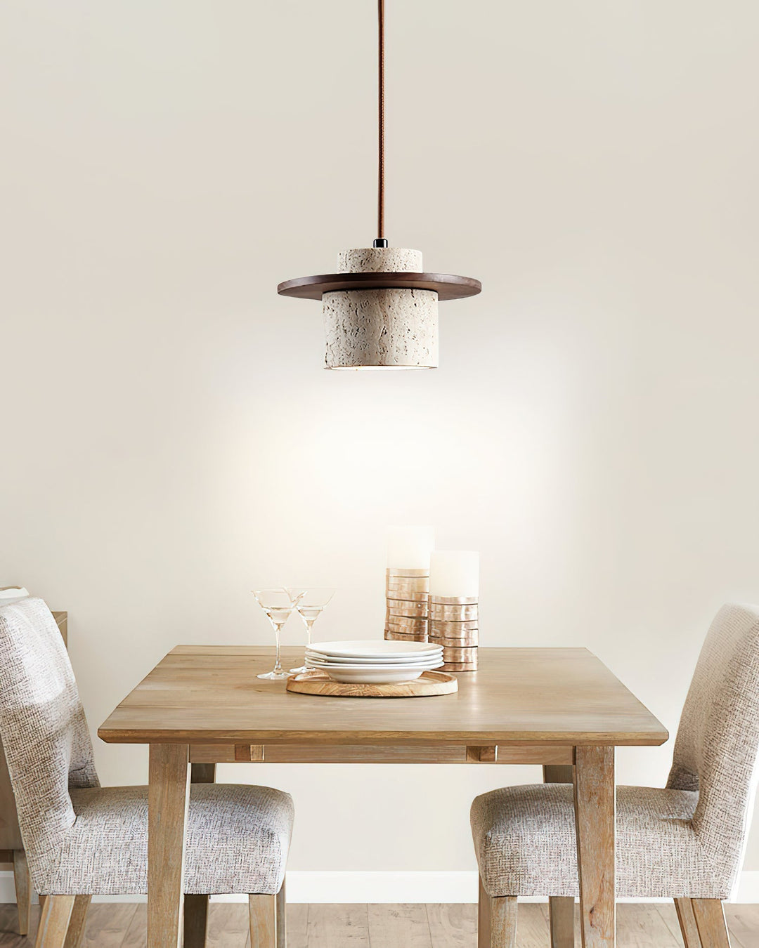 Disque Lampe Pendante Cylindre en Travertin en Bois de Noyer Artisanal - Neutralighting