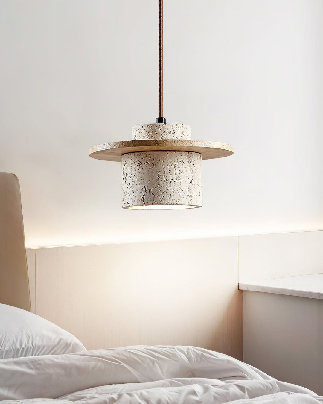 Disque Lampe Pendante Cylindre en Travertin en Bois de Noyer Artisanal - Neutralighting