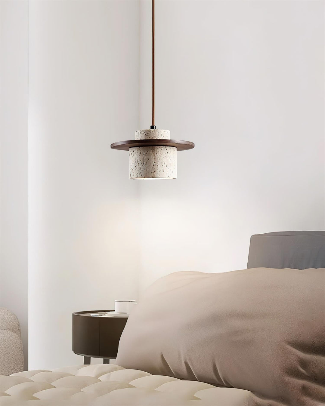 Disque Lampe Pendante Cylindre en Travertin en Bois de Noyer Artisanal - Neutralighting