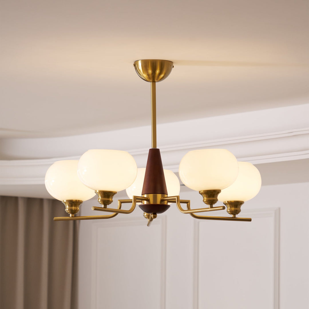 Lustra Chandelier en Noyer avec Globes en Verre Opale - Neutralighting