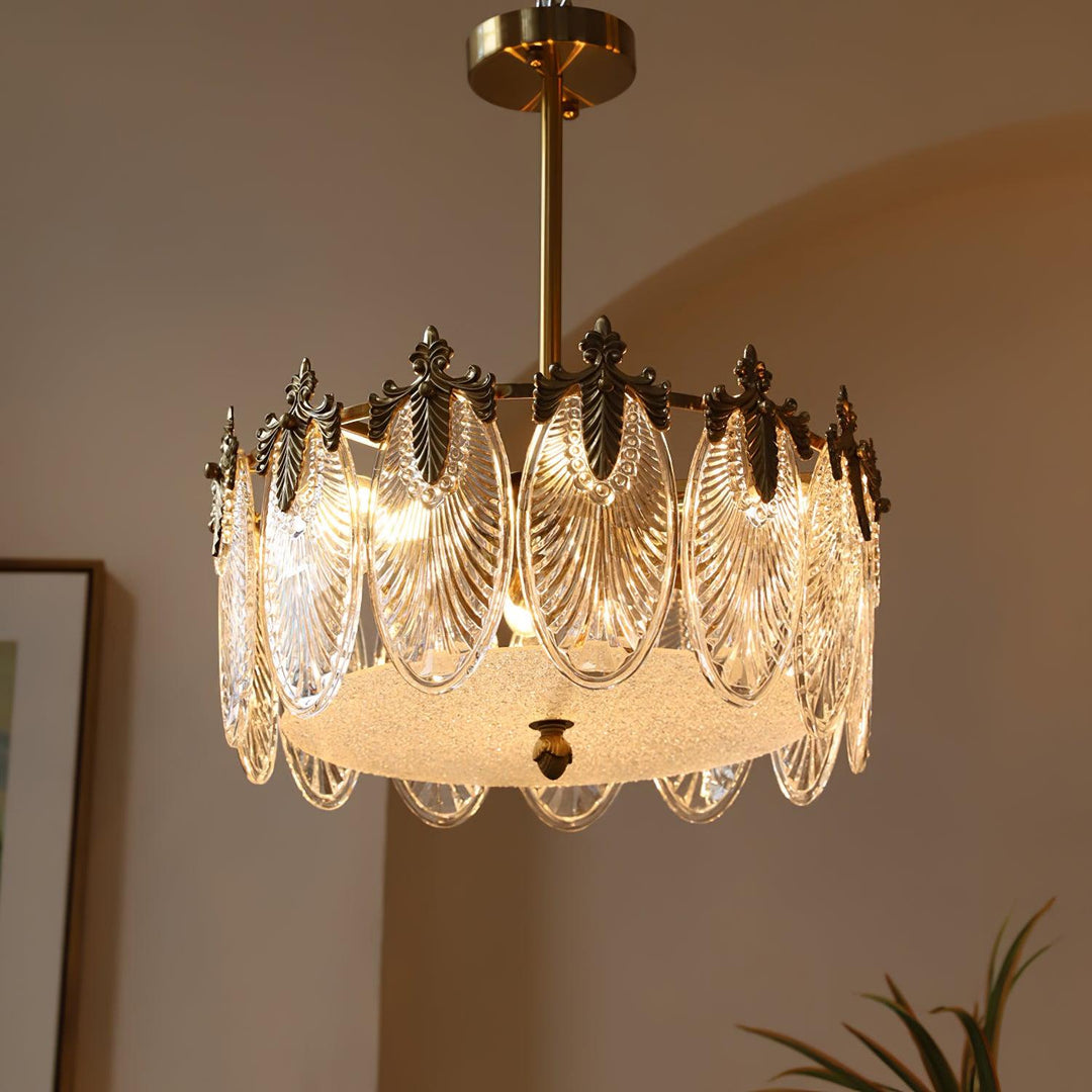 Lustra Chandelier en Verre Pétales avec Cadre Doré Rond - Neutralighting