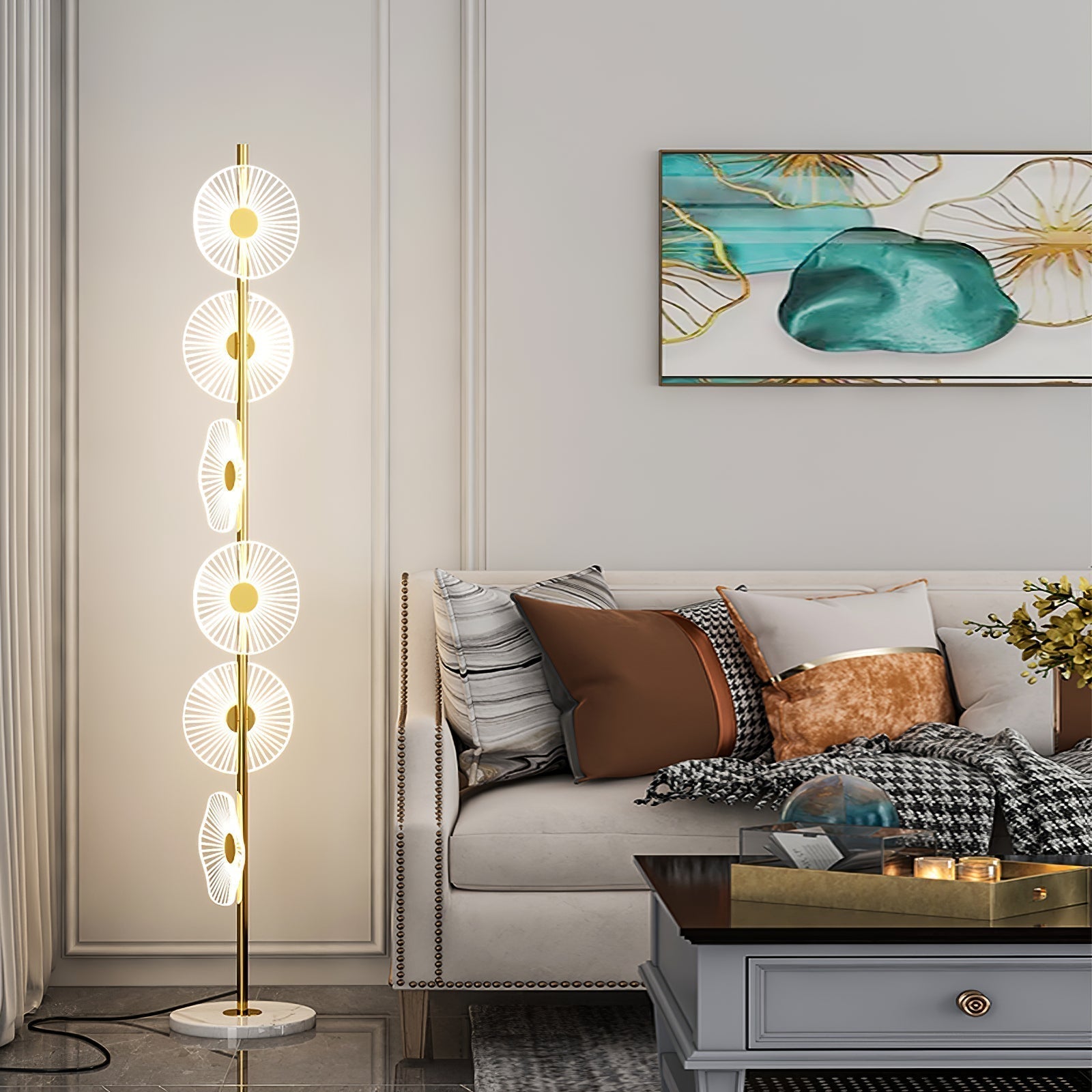Arisha Lampadaire Rond Moderne, Métal/Acrylique, Blanc/Doré, Salon - Neutralighting