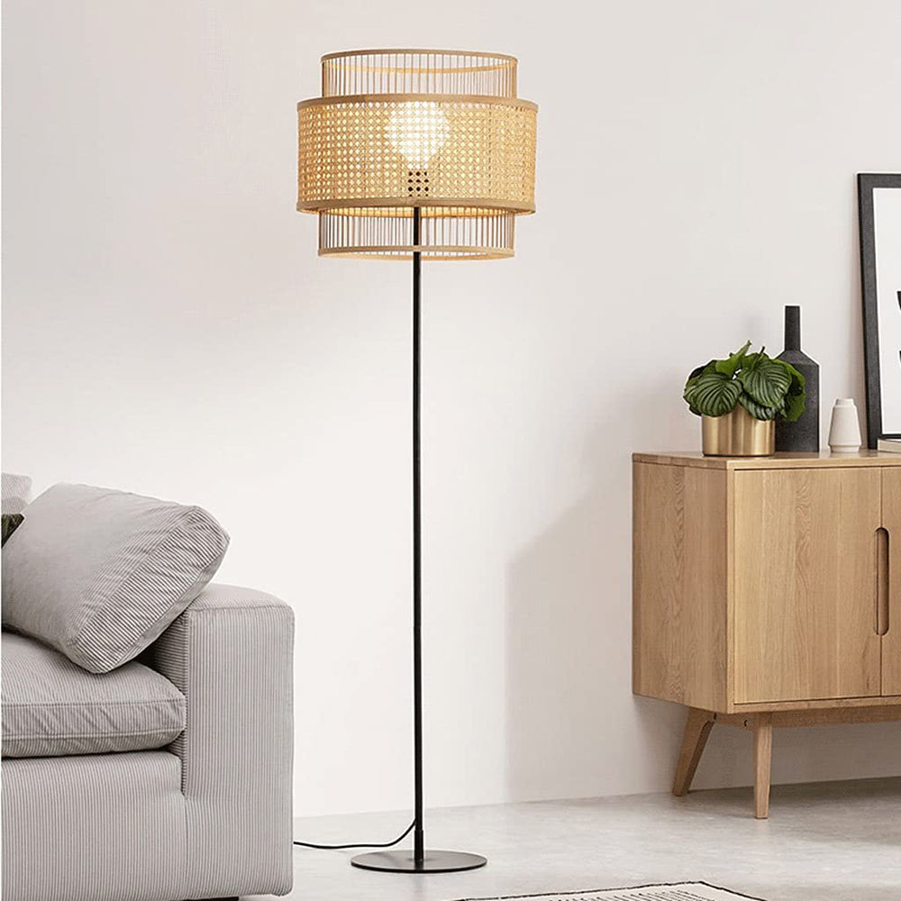 Ritta Lampadaire Anneau Simple, Métal/Rotin, Bois, Salon/Salle à Manger - Neutralighting