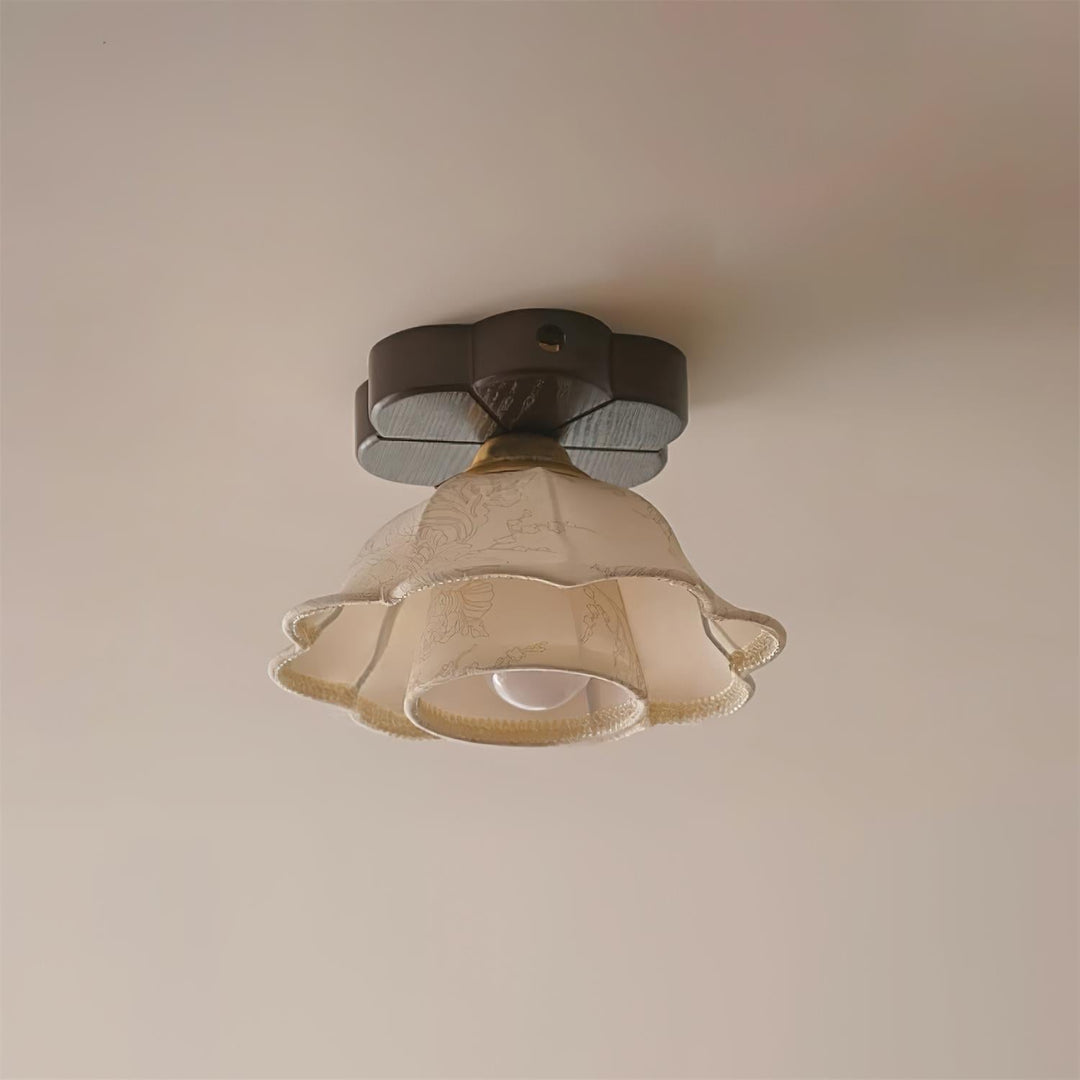 Lampe Plafond Abat-jour Tissu Festonné Plafond Bois de Noyer Vintage - Neutralighting