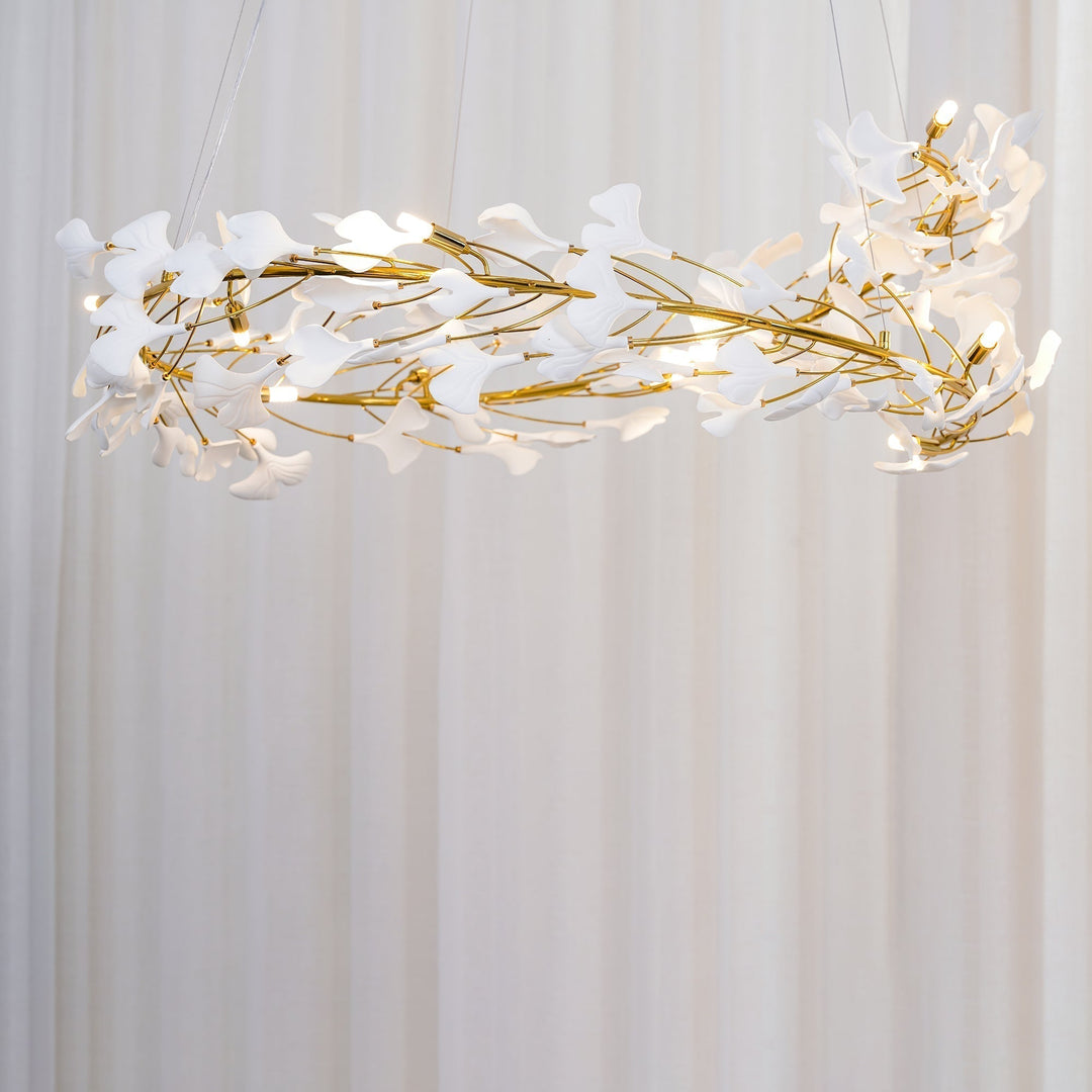 Lustra Suspension Lampe Feuilles de Gingko en Porcelaine Dorée - Neutralighting