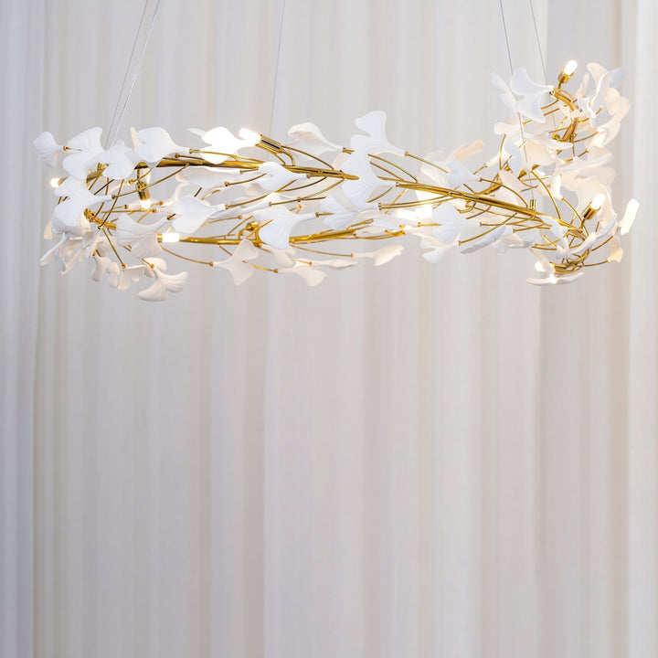 Lustra Suspension Lampe Feuilles de Gingko en Porcelaine Dorée - Neutralighting
