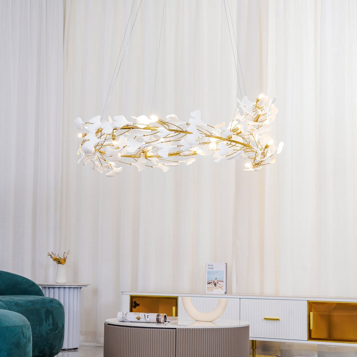 Lustra Suspension Lampe Feuilles de Gingko en Porcelaine Dorée - Neutralighting