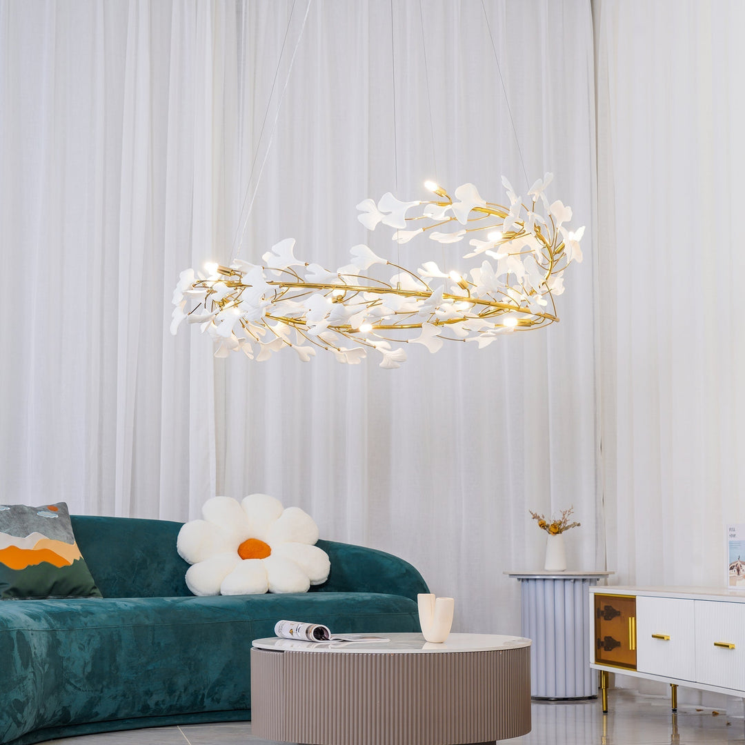 Lustra Suspension Lampe Feuilles de Gingko en Porcelaine Dorée - Neutralighting
