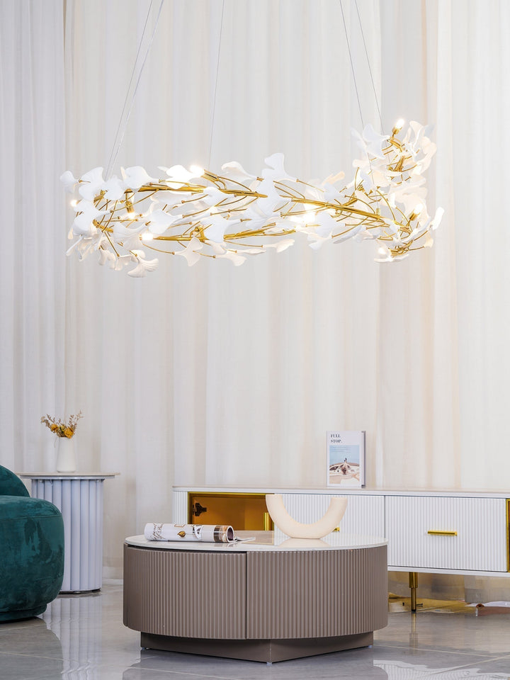 Lustra Suspension Lampe Feuilles de Gingko en Porcelaine Dorée - Neutralighting