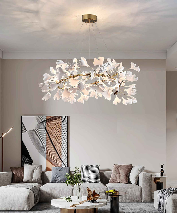 Lustra Suspension Lampe Feuilles de Gingko en Porcelaine Dorée - Neutralighting