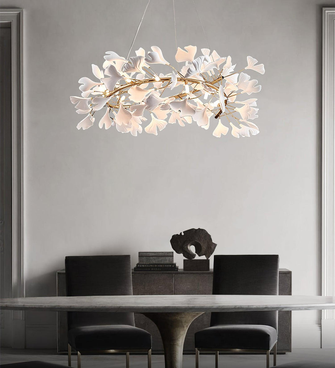 Lustra Suspension Lampe Feuilles de Gingko en Porcelaine Dorée - Neutralighting