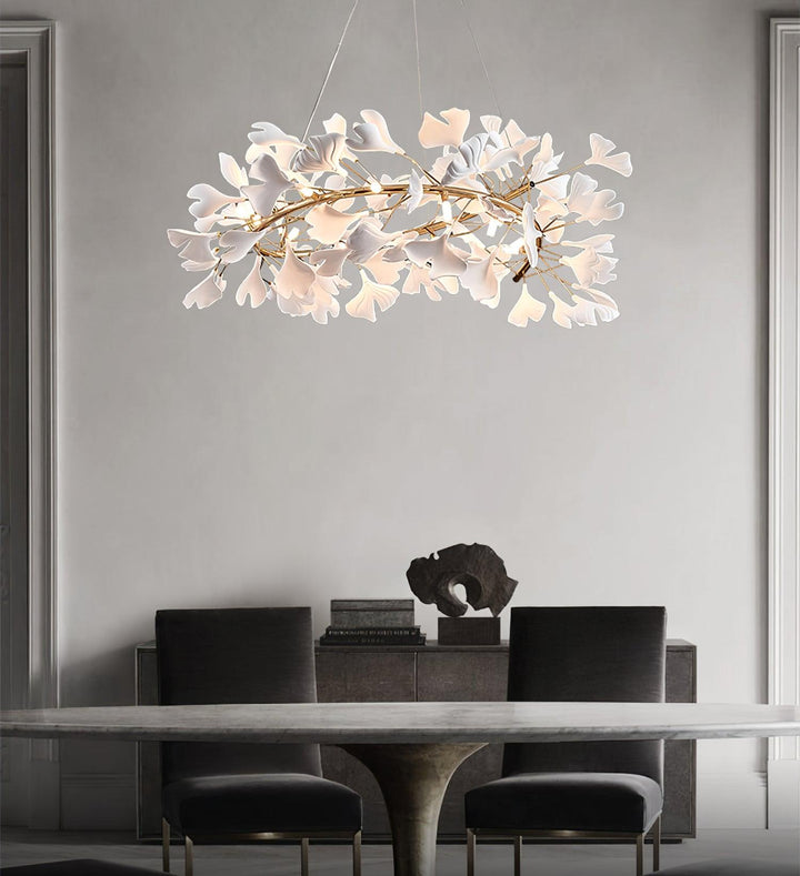 Lustra Suspension Lampe Feuilles de Gingko en Porcelaine Dorée - Neutralighting