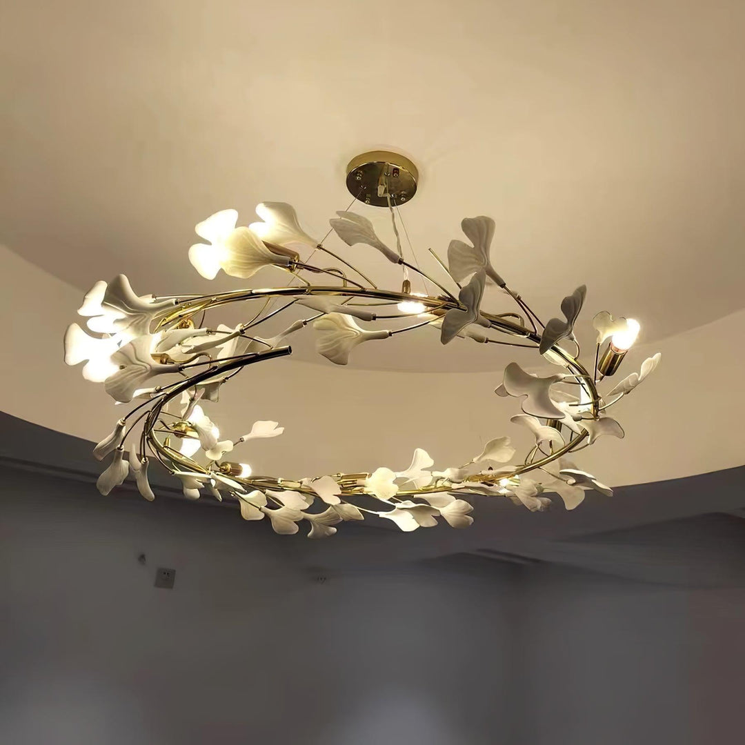 Lustra Suspension Lampe Feuilles de Gingko en Porcelaine Dorée - Neutralighting
