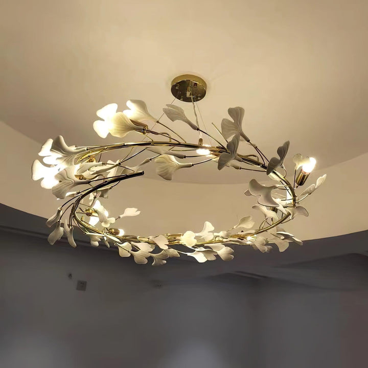 Lustra Suspension Lampe Feuilles de Gingko en Porcelaine Dorée - Neutralighting