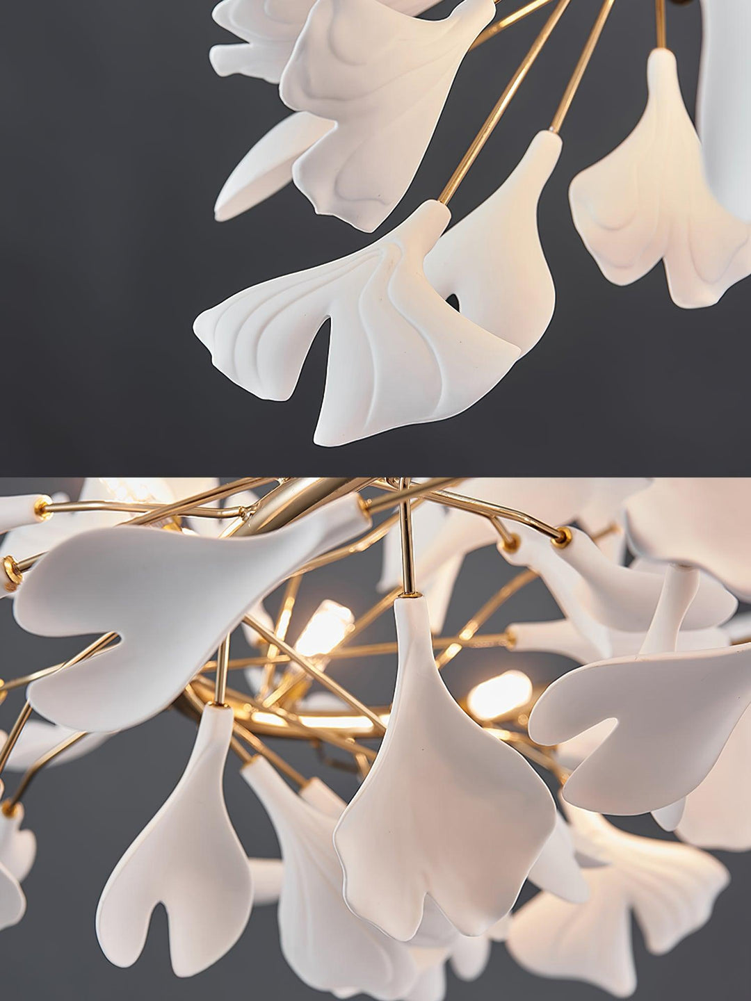 Lustra Suspension Lampe Feuilles de Gingko en Porcelaine Dorée - Neutralighting