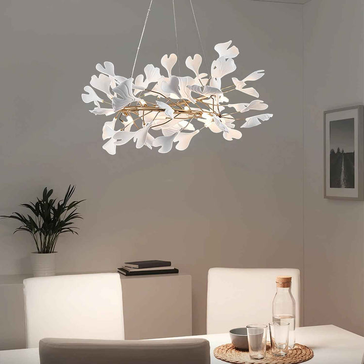 Lustra Suspension Lampe Feuilles de Gingko en Porcelaine Dorée - Neutralighting