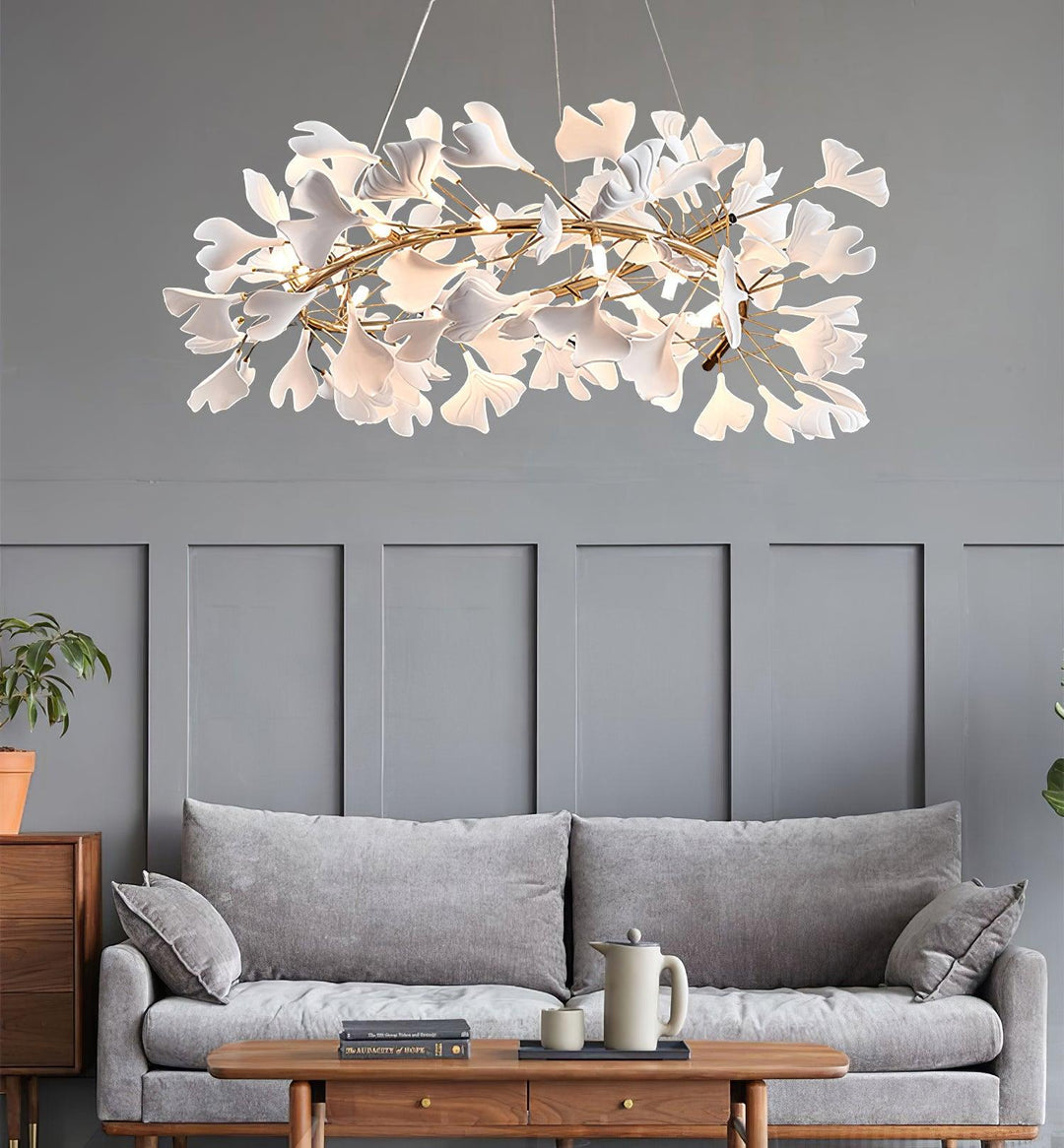 Lustra Suspension Lampe Feuilles de Gingko en Porcelaine Dorée - Neutralighting