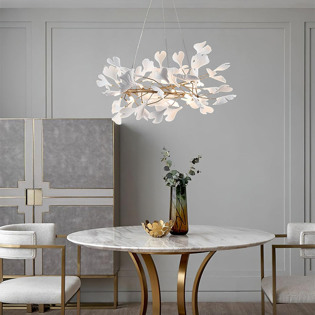 Lustra Suspension Lampe Feuilles de Gingko en Porcelaine Dorée - Neutralighting
