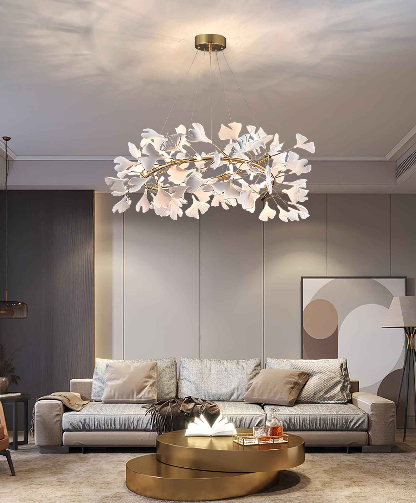 Lustra Suspension Lampe Feuilles de Gingko en Porcelaine Dorée - Neutralighting