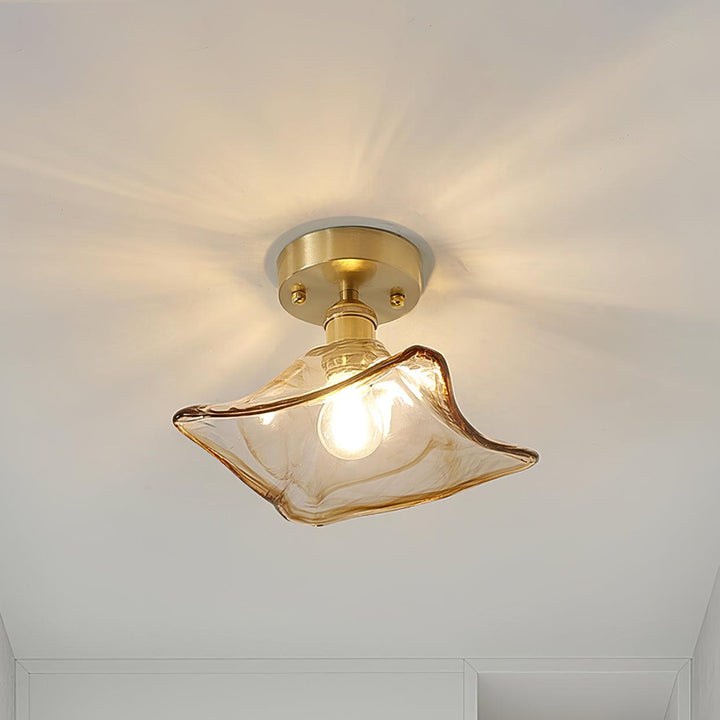 Lampe de Plafond Abat-jour en Verre Ambre Tourbillonné Laiton Industriel Vintage - Neutralighting
