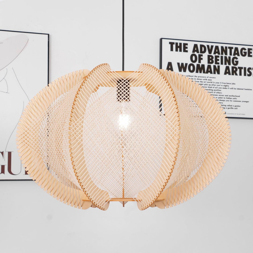 Novan Suspension avec abat-jour en tissu, structure en bois et détails en fil métallique - Neutralighting