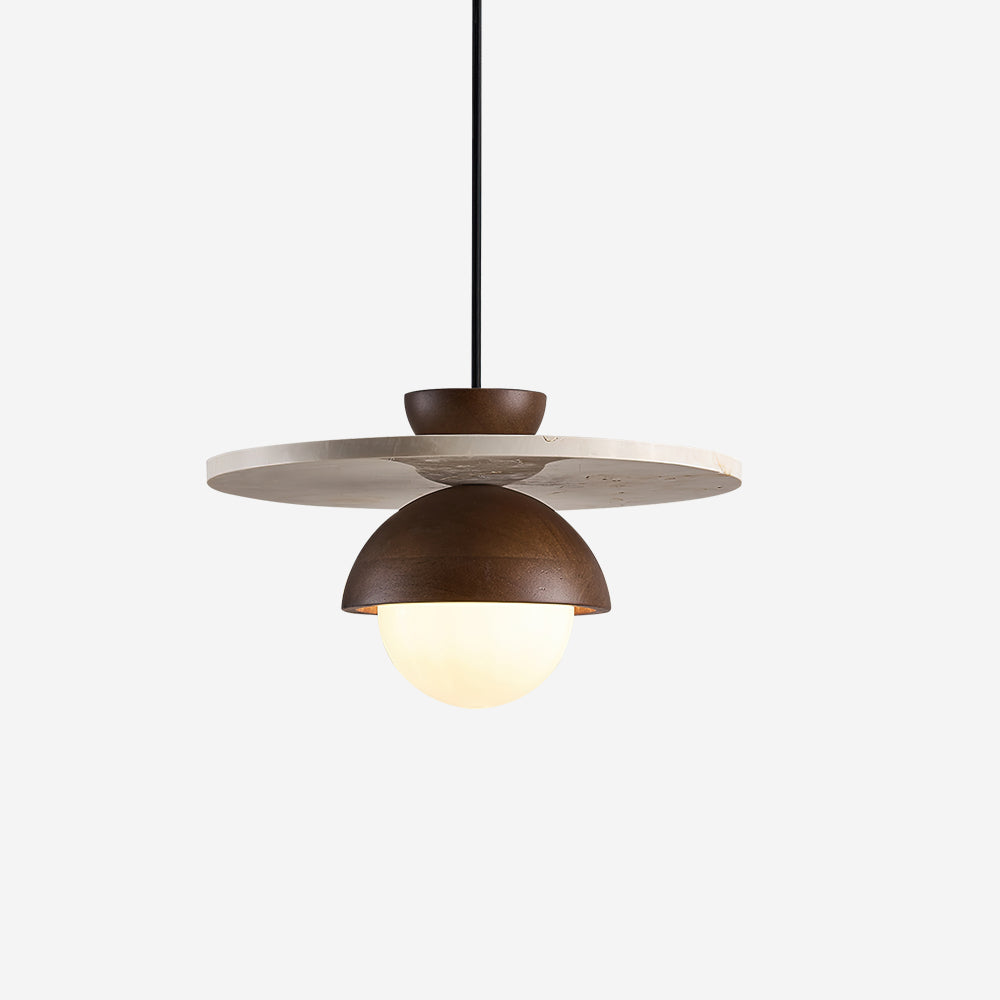 Virelli Lampe Pendante Globe en Verre Disque en Travertin Bois de Noyer Naturel - Neutralighting