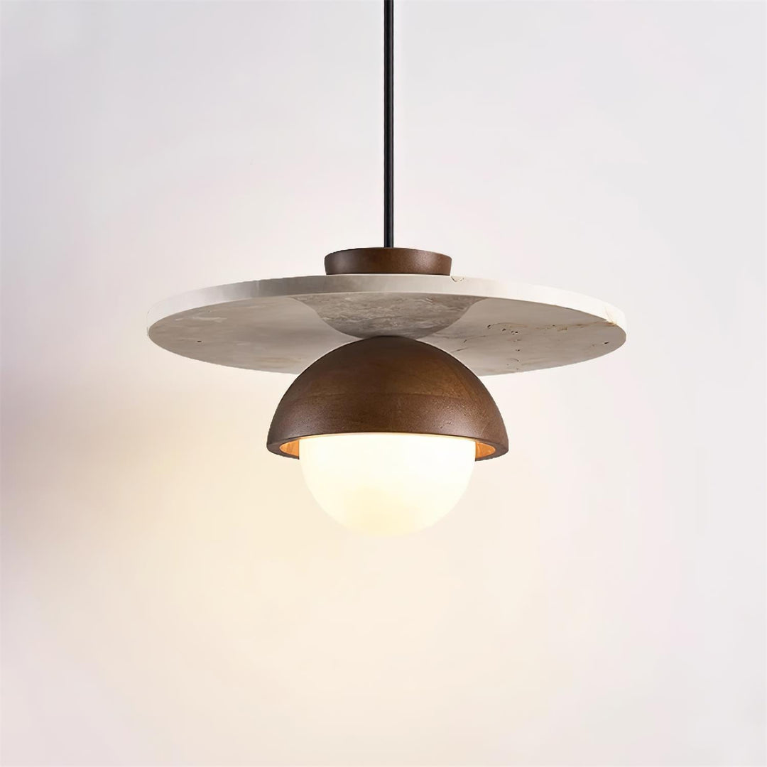 Virelli Lampe Pendante Globe en Verre Disque en Travertin Bois de Noyer Naturel - Neutralighting