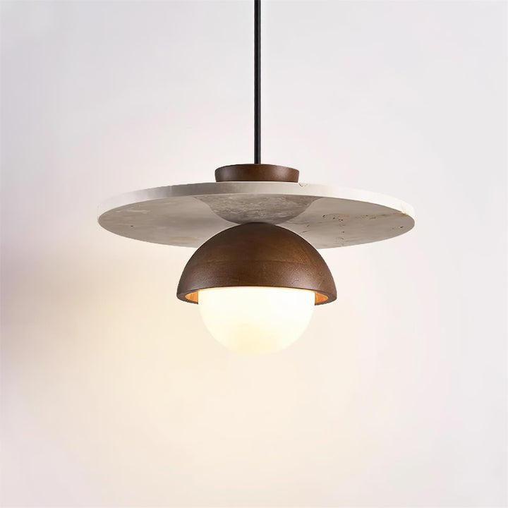 Virelli Lampe Pendante Globe en Verre Disque en Travertin Bois de Noyer Naturel - Neutralighting